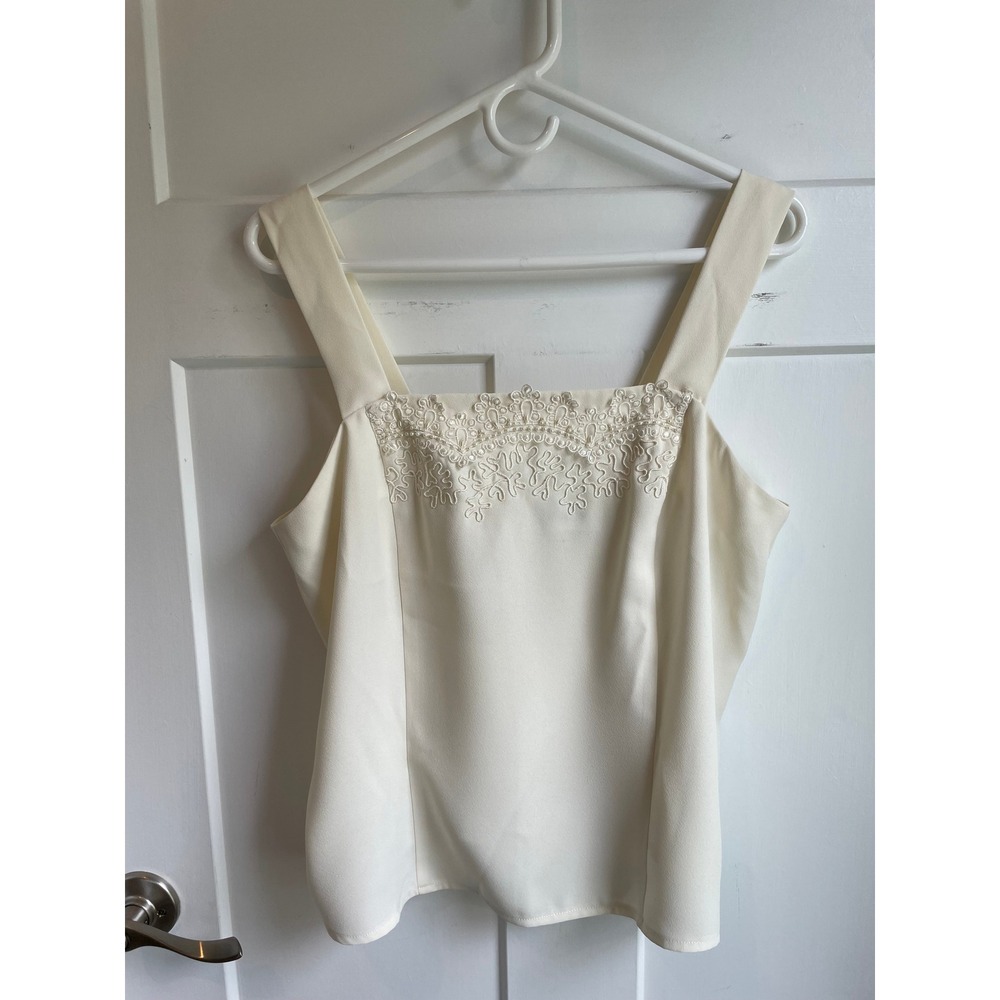 Vintage Cream Embroidered Beaded Square Neck Blouse Top Size 14 Bridal Zip Back